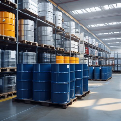 Chemical Barrels. Warehouse of chemical products. Metal barrels with crude oil. Chemistry industry warehouse. Pallets with barrels in industrial plant. Oil storage room. . High quality photo